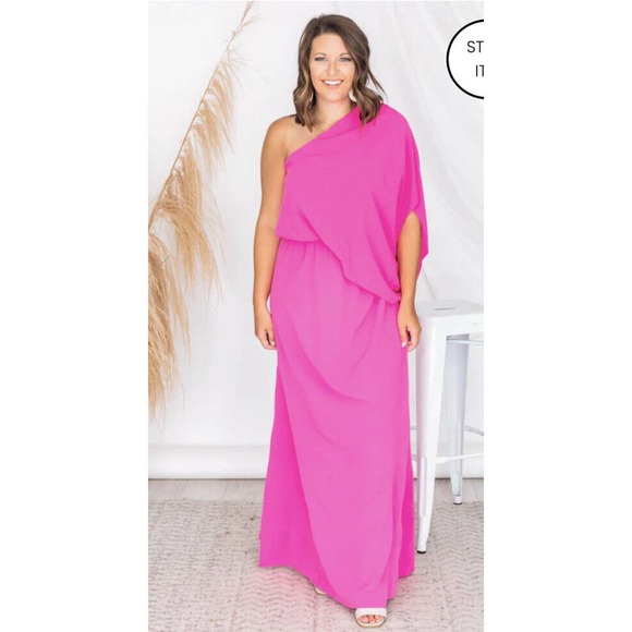 Pink Lily Cranberry Red Silky 1 Shoulder Maxi Dress w/side slit Date nite vibe - Picture 4 of 15